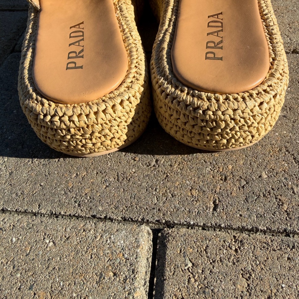 Prada Tan Woven Platform Slide Sandals - Picture 4 of 9